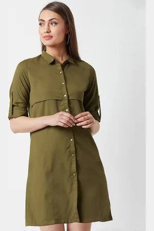 Miss Chase Women Solid Olive Green Shirt Dress