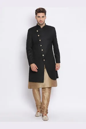 Hangup Men Black & Gold-Colored Solid 3-Pcs Sherwani Set