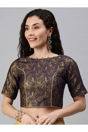 flaher Women Navy Blue & Golden Woven Saree Blouse
