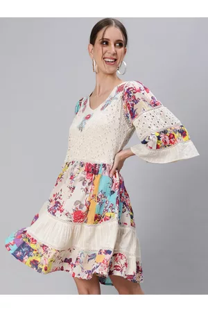 Ishin Women Off White & Yellow Floral Tiered Dress
