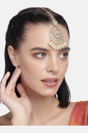 LAIDA Women White Gold Plated Kundan Studded Handcrafted Maang Tikka
