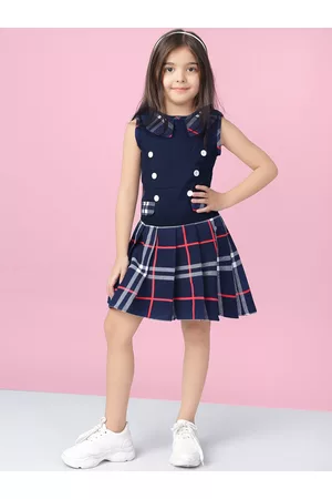 naughty ninos Girls Navy Checked Drop-Waist Dress