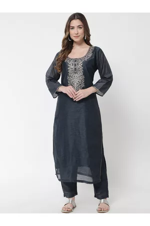Aujjessa Women Grey & Silver Floral Thread Work Chanderi Silk Kurti with Trousers