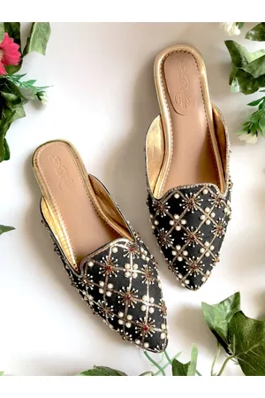 Sole House Women Black & White Embellished Leather Ethnic Open Toe Flats