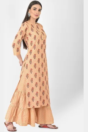 Pistaa Women Peach Ethnic Motifs Printed Pure Cotton Kurta With Sharara