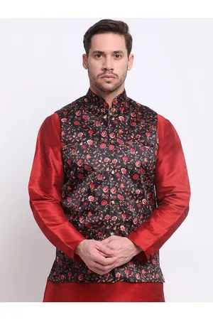 Kraft Men Black & Red Floral Printed Woven Nehru Jacket