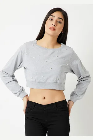 Miss Chase Women Grey Embellished Boxy Crop Pure Cotton Top