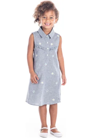 Cherry Crumble Girls Navy Blue & White Self Striped A-Line Dress