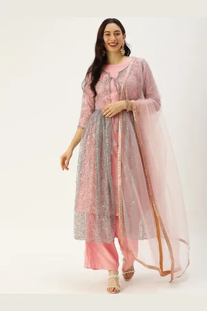 Ethnovog Women Peach-Coloured Made to Measure Kurta Set With Dupatta Ethnic Jacket