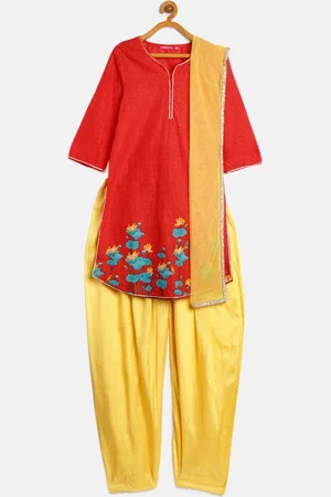 Biba Girls Red & Yellow Printed Kurta with Salwar & Dupatta