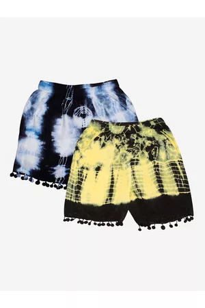 KiddoPanti Girls Pack of 2 Pom Pom Lace Hem Tie & Dye Shorts