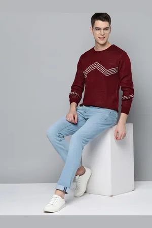 Mast & Harbour Men Maroon & White Self-Design Acrylic Chevron Pullover