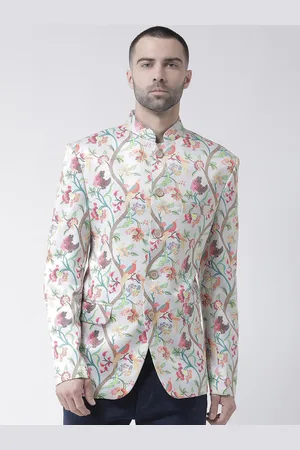 Hangup Men Green & Pink Printed Bandhgala Blazers