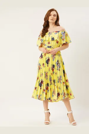 Slenor Women Yellow & Blue Printed A-Line Off Shoulder Accordion Pleated Dress