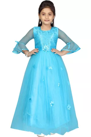 Aarika Girls Turquoise Blue Embellished Net Fit & Flare Maxi Dress