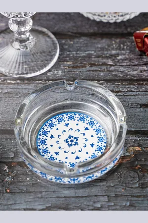 KOLOROBIA Transparent & White Floral Pottery Glass Ashtray