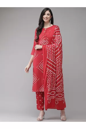 Ishin Women Red Bandhani Printed Regular Kurta with Trousers & With Dupatta