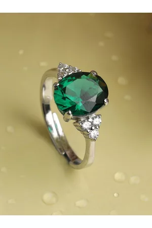 CLARA Silver Toned & Green Stone Studded Adjustable Ring