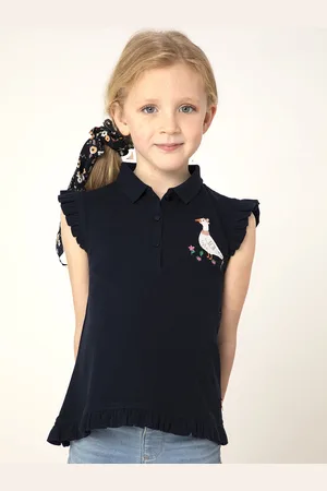 Cherry Crumble Girls Navy Blue Solid Shirt Style Top with Embroidered Detail
