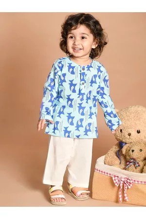 LIL PITAARA Unisex Kids Blue Animal Printed Pure Cotton Kurta with Pyjamas