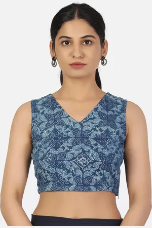 Llajja Women Blue Printed Pure Cotton Ready made Saree Blouse