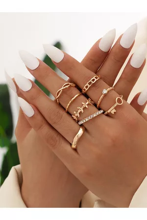 Shining Diva Women Set Of 8 White Rose Gold-Toned Alloy Studded Finger Rings
