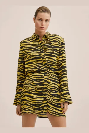 MANGO Women Yellow & Black Zebra Print Shirt Mini Dress