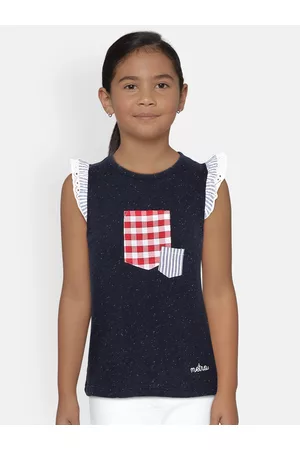 METRO KIDS COMPANY Girls Navy Blue Organic Cotton Solid Round Neck T-shirt