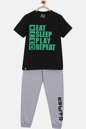 3 PIN Boys Black & Grey Melange Printed Cotton T-shirt with Pyjamas