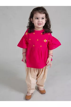 Tiber Taber Girls Pink Embroidered Regular Pure Cotton Kurti with Dhoti Pants
