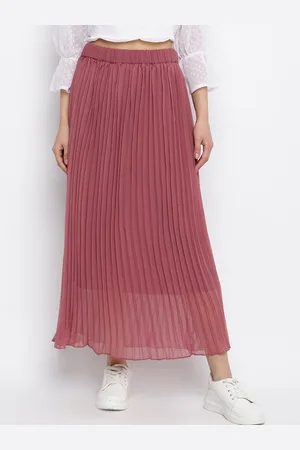 Mayra Women Pink Solid Accordion Pleated Flared Maxi Skirt
