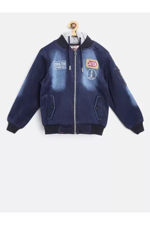 Fort Collins Boys Navy Blue Washed Hooded Denim Bomber Jacket
