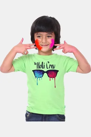 BONKIDS Boys Green Printed Holi T-shirt