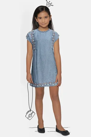 girls blue embroidered denim sheath dress