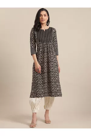Varanga Women Black & Beige Bandhani Printed Notched Neck Straight Kurta