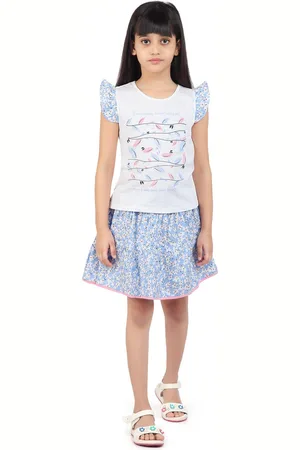 Tiny Girl Girls Blue & Grey Printed Pure Cotton Top with Skirt