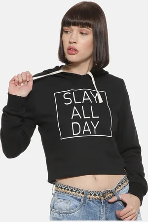 Campus Women Black Printed Hooded Crop Length Sweatshirt