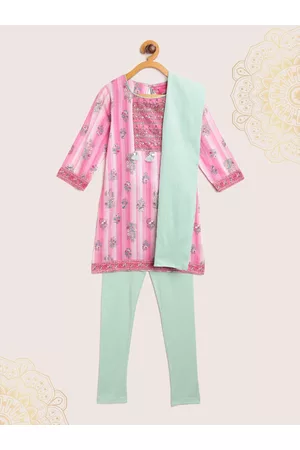 Biba Girls Pink & Green Striped & Floral Print Kurta with Churidar & Dupatta