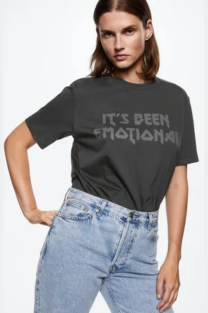 MANGO Women Black Typography Printed Pure Cotton T-shirt