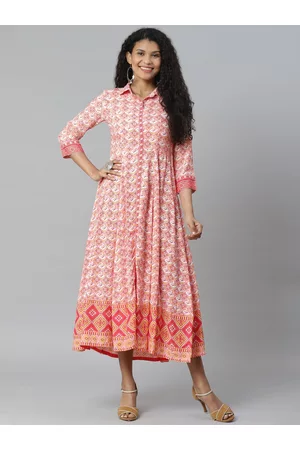 Rangriti Women Pink & White Liva Printed Shirt Maxi Dress