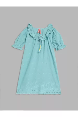 Blue Giraffe Blue Tie-Up Neck A-Line Dress
