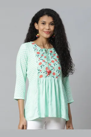 Rangriti Women Sea Green & White Liva Striped Longline A-Line Top