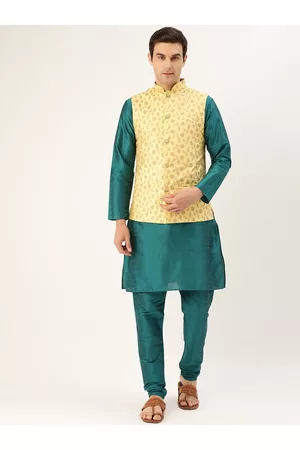 SOJANYA Men Teal Blue & Yellow Solid Kurta with Churidar & Nehru Jacket