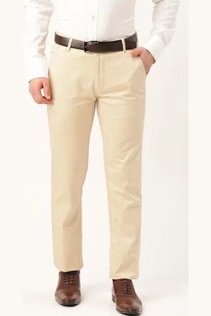 HANCOCK Men Beige & White Original Slim Fit Checked Formal Trousers