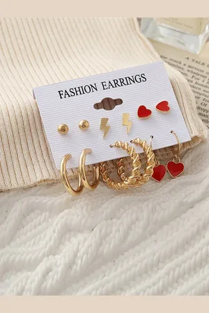 Jewels Galaxy Gold-Toned & Red Set of 6 Classic Earrings