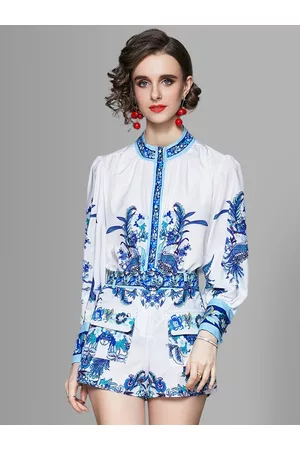 JC Collection Women Blue & White Printed Top with Shorts