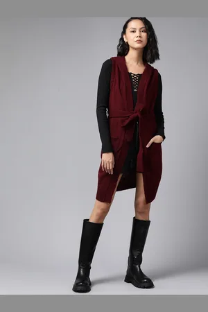 Roadster Women Maroon Solid Longline Front-Open Sweater With Belt