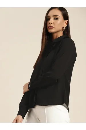 Invictus Women Black Solid Casual Shirt with Ruffle Detail