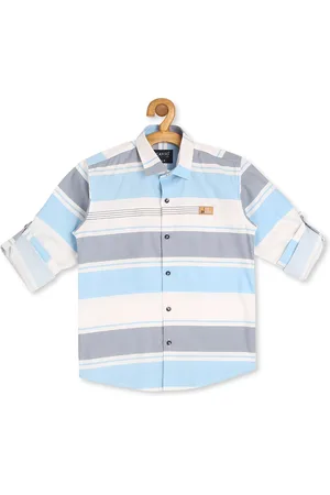 CAVIO Boys Blue & White Horizontal Striped Pure Cotton Casual Shirt