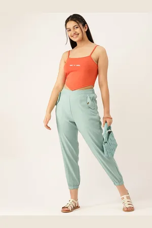 DressBerry Teen Girls Mint Green Solid Pleated Joggers